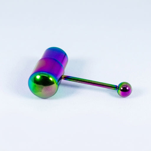 14G surgical steel tongue ring with a rainbow vibrating capsule and ball end, three-quarter view on white