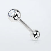 14G titanium straight barbell with one clear CZ gem ball and one solid ball end, three-quarter view