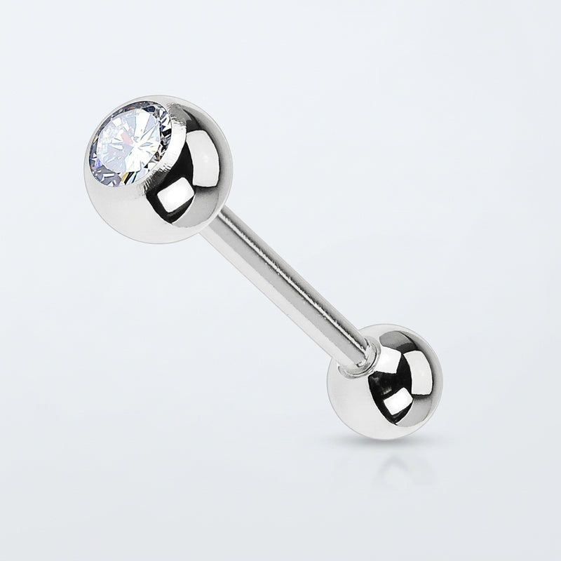 14G titanium straight barbell with one clear CZ gem ball and one solid ball end, three-quarter view