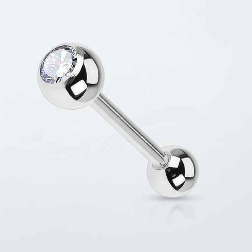 14G titanium straight barbell with one clear CZ gem ball and one solid ball end, three-quarter view