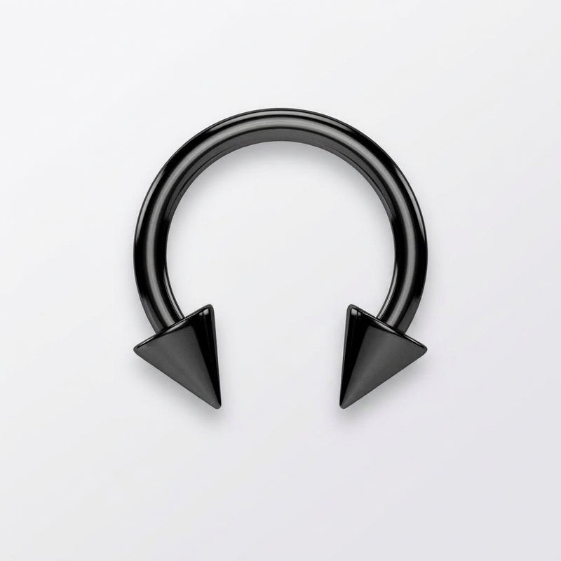 14G black PVD coated steel circular barbell with spike ends, flat-lay view on a white background.