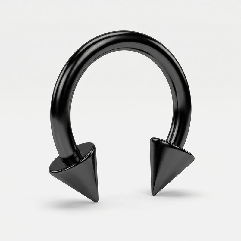 14G PVD coated steel circular bent barbell with black spike ends, three-quarter view on a white background