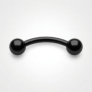 14G PVD Coated Steel curved eyebrow barbell with glossy black ball ends, overhead flat-lay view