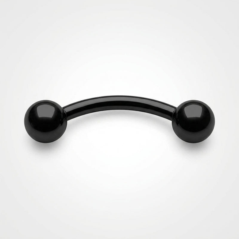 14G PVD Coated Steel curved eyebrow barbell with glossy black ball ends, overhead flat-lay view