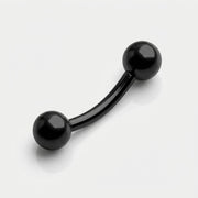 14G PVD coated steel black curved eyebrow barbell with ball ends, three-quarter view on a white background