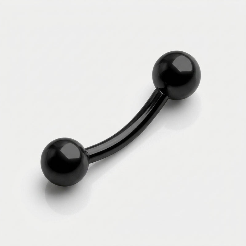 14G PVD coated steel black curved eyebrow barbell with ball ends, three-quarter view on a white background