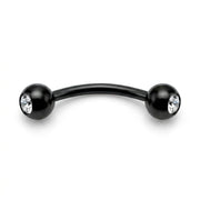 16G black PVD coated steel curved eyebrow barbell with clear CZ gem ball ends, overhead flat-lay view