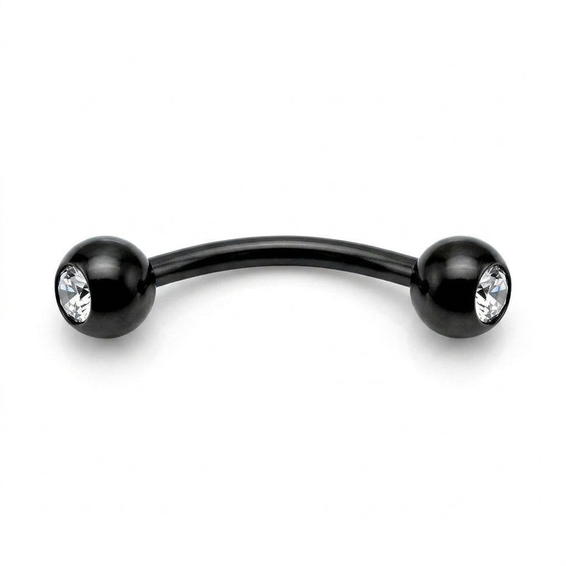 16G black PVD coated steel curved eyebrow barbell with clear CZ gem ball ends, overhead flat-lay view