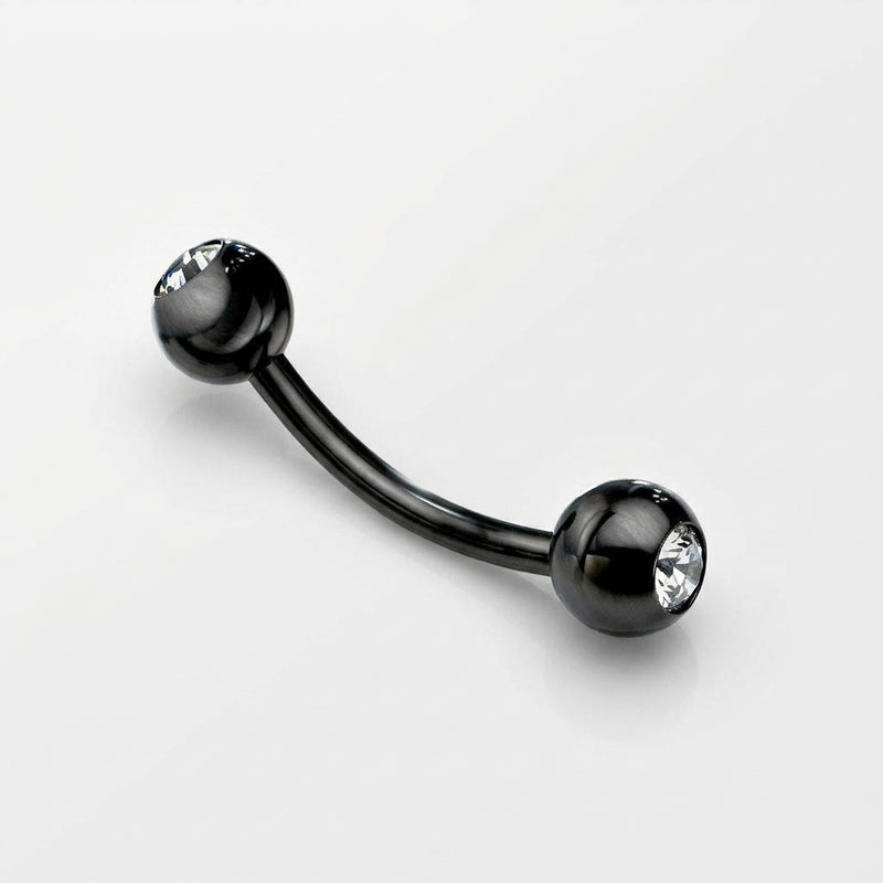 16G black PVD coated steel curved eyebrow barbell with clear CZ gem ball ends, three-quarter view