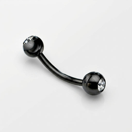16G black PVD coated steel curved eyebrow barbell with clear CZ gem ball ends, three-quarter view