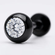 16G black surgical steel labret stud featuring a clear CZ gem set in a black ball end, close-up detail