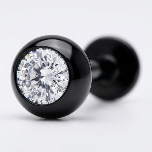 16G black surgical steel labret stud featuring a clear CZ gem set in a black ball end, close-up detail