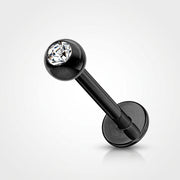 16G black surgical steel labret stud with a 3mm clear CZ gem ball, three-quarter view