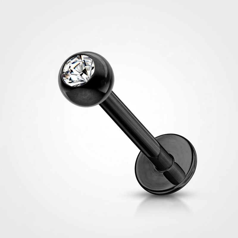 16G black surgical steel labret stud with a 3mm clear CZ gem ball, three-quarter view