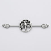 14G surgical steel industrial barbell with a central Tree of Life charm and textured leaf ends, top view