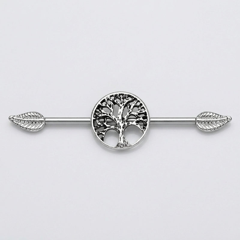 14G surgical steel industrial barbell with a central Tree of Life charm and textured leaf ends, top view