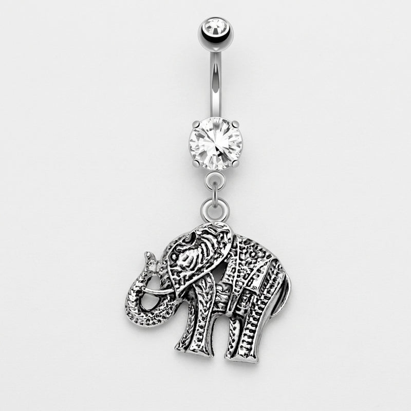 14G surgical steel curved navel ring with double clear CZ gems and an antique-style elephant dangle, flat lay.
