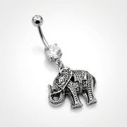 14G surgical steel navel ring with clear CZ gems and a detailed elephant dangle charm, three-quarter view