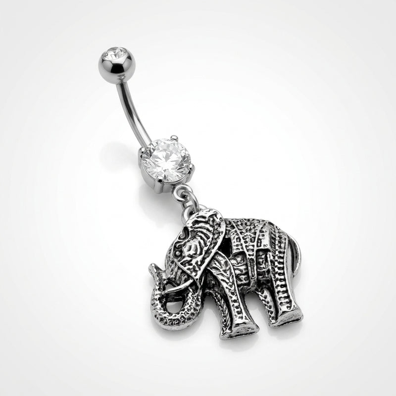 14G surgical steel navel ring with clear CZ gems and a detailed elephant dangle charm, three-quarter view