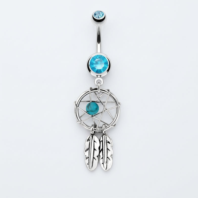 14G surgical steel belly ring with blue CZ gems, dreamcatcher dangle with turquoise bead and feathers, top view