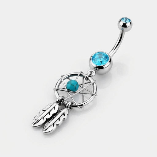 14G surgical steel belly ring with blue gems and a dream catcher dangle featuring a turquoise bead and feathers