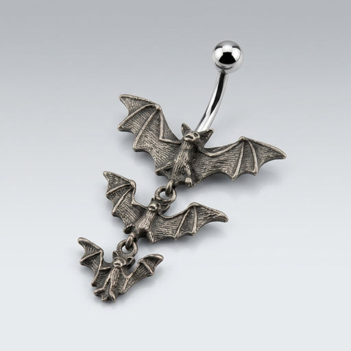 14G surgical steel navel ring with curved barbell, polished ball, and three cascading antique silver gothic bats.