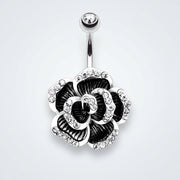 14G surgical steel navel ring with a clear gem top ball and black rose petal design with gem-lined edges