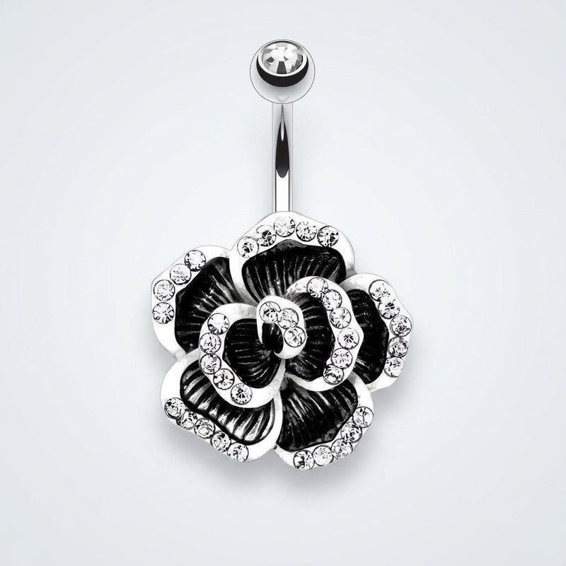 14G surgical steel navel ring with a clear gem top ball and black rose petal design with gem-lined edges