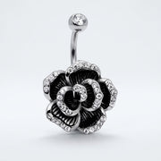14G surgical steel navel ring with clear gem top ball and CZ-lined rose flower, three-quarter view
