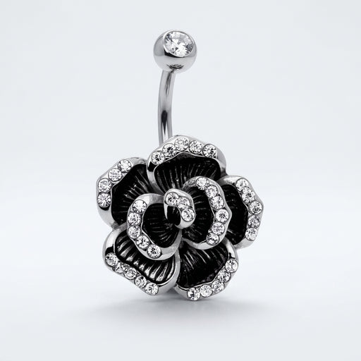 14G surgical steel navel ring with clear gem top ball and CZ-lined rose flower, three-quarter view