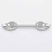 14G surgical steel nipple barbell with clear CZ flower gems on angel wing ends, overhead flat-lay view