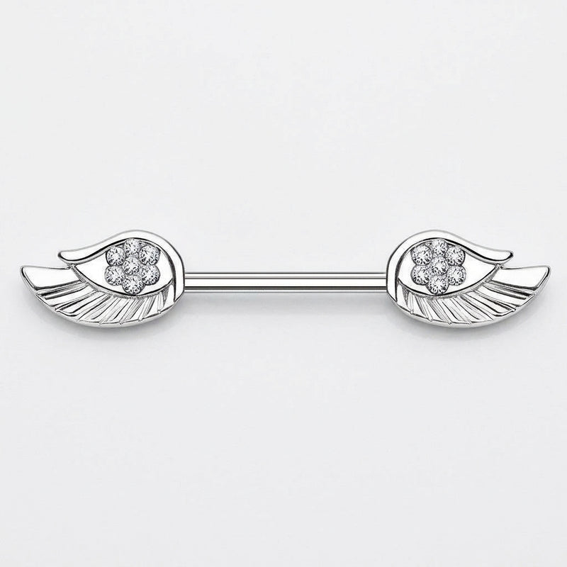 14G surgical steel nipple barbell with clear CZ flower gems on angel wing ends, overhead flat-lay view