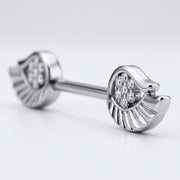14G surgical steel nipple barbell with angel wings set with clear CZ gems, close-up detail