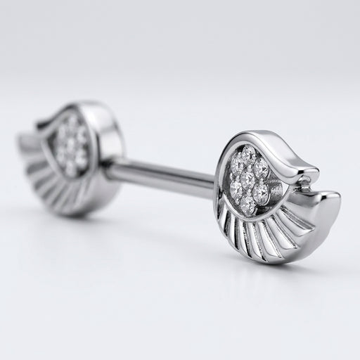 14G surgical steel nipple barbell with angel wings set with clear CZ gems, close-up detail