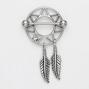 14G surgical steel nipple shield with a dream catcher design, clear CZ gem, straight barbell, and dangling feathers