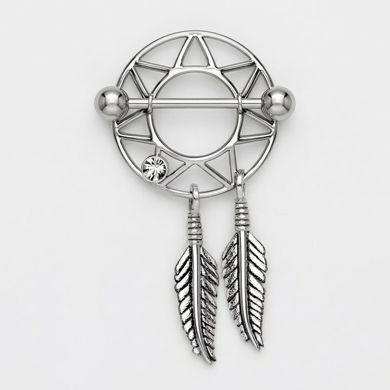 14G surgical steel nipple shield with a dream catcher design, clear CZ gem, straight barbell, and dangling feathers