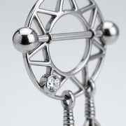 14G surgical steel nipple shield with dream catcher design, straight barbell, ball ends, and clear CZ gem, close-up