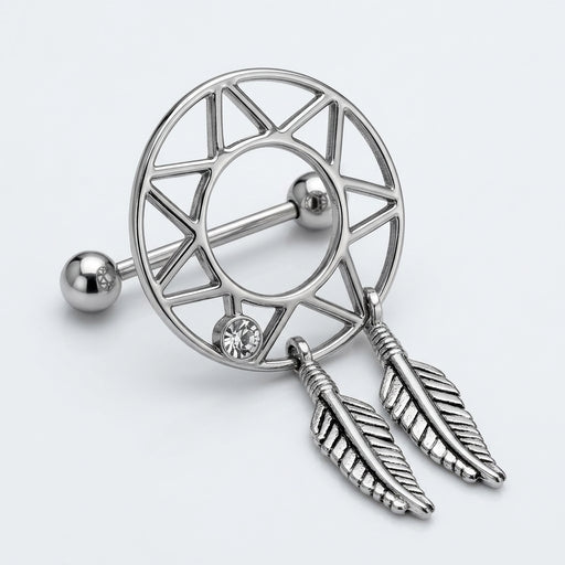 14G surgical steel dream catcher nipple shield with a clear CZ, dangling feathers, and ball-end straight barbell