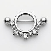 14G surgical steel nipple shield with straight barbell, ball ends, and half-circle clear CZ gems, top view