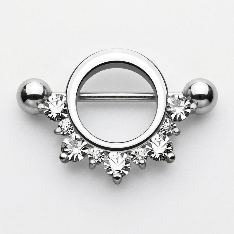 14G surgical steel nipple shield with straight barbell, ball ends, and half-circle clear CZ gems, top view