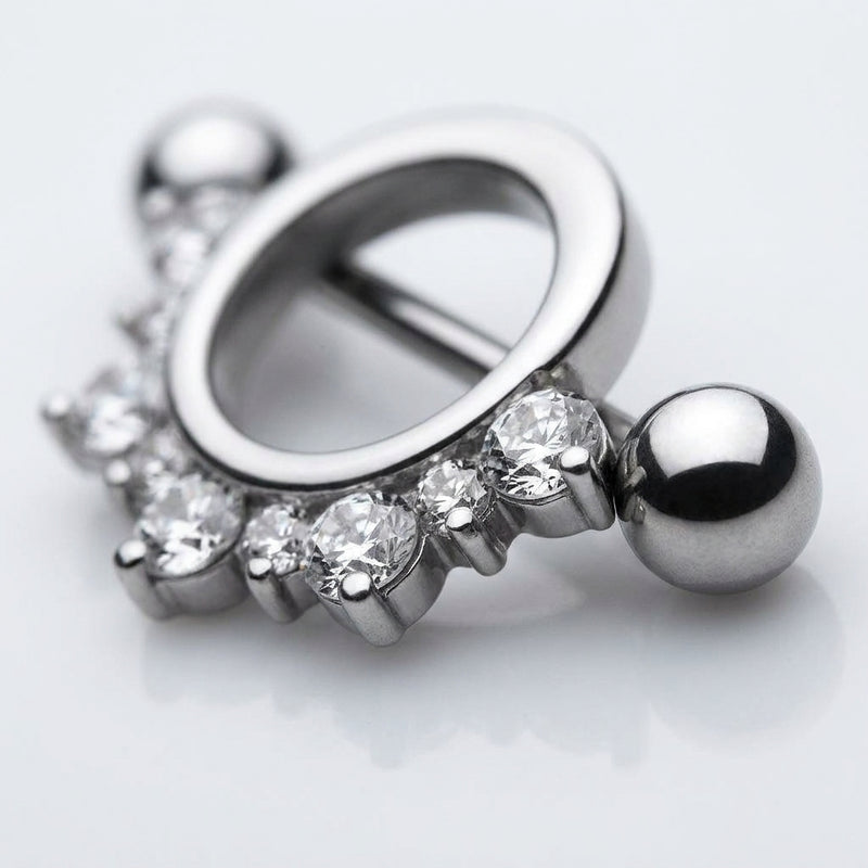 14G surgical steel nipple shield with a half circle of clear CZ gems and a straight barbell with ball ends, close-up