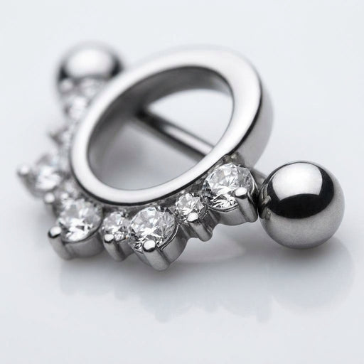 14G surgical steel nipple shield with a half circle of clear CZ gems and a straight barbell with ball ends, close-up