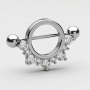 14G surgical steel nipple shield with half circle clear CZ gems and ball end straight barbell, three-quarter view
