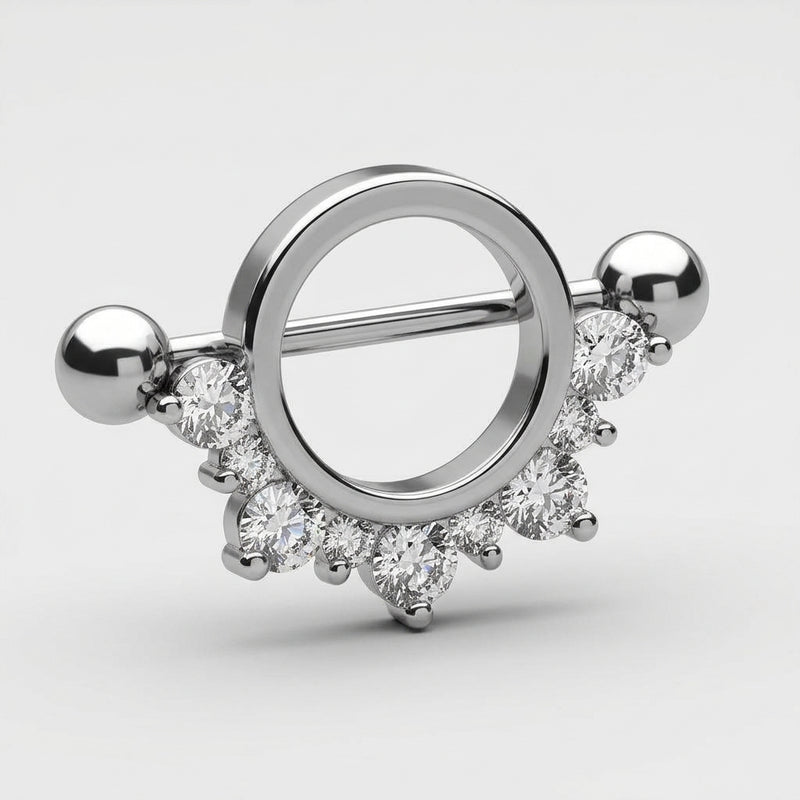 14G surgical steel nipple shield with half circle clear CZ gems and ball end straight barbell, three-quarter view