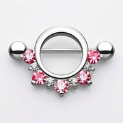 14G surgical steel nipple shield with a half circle of pink and clear CZ gems and straight barbell with ball ends
