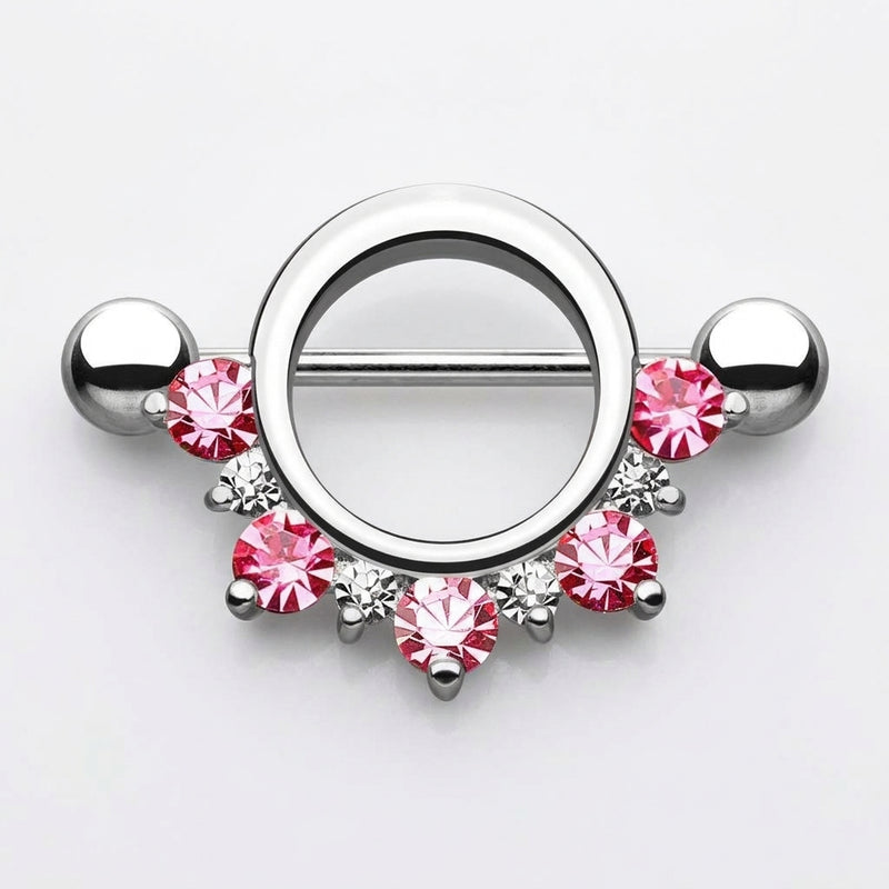 14G surgical steel nipple shield with a half circle of pink and clear CZ gems and straight barbell with ball ends