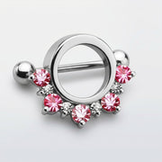 14G surgical steel nipple shield with half-circle pink and clear CZ gems, straight barbell with ball ends