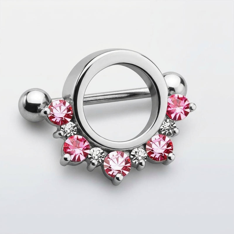 14G surgical steel nipple shield with half-circle pink and clear CZ gems, straight barbell with ball ends