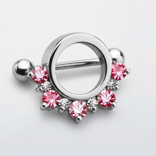 14G surgical steel nipple shield with half-circle pink and clear CZ gems, straight barbell with ball ends
