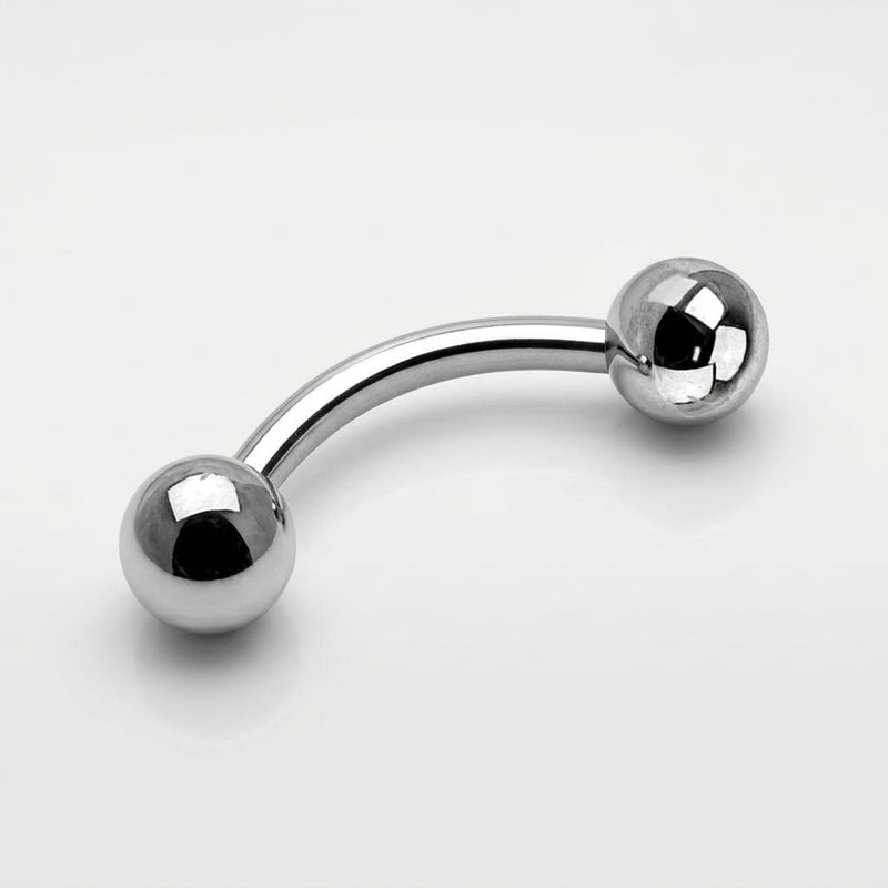 16G titanium curved eyebrow barbell with highly polished metal ball ends, three-quarter view on white